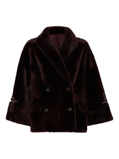 Brunello Cucinelli Lamb-fur Double-breasted Jacket In Red