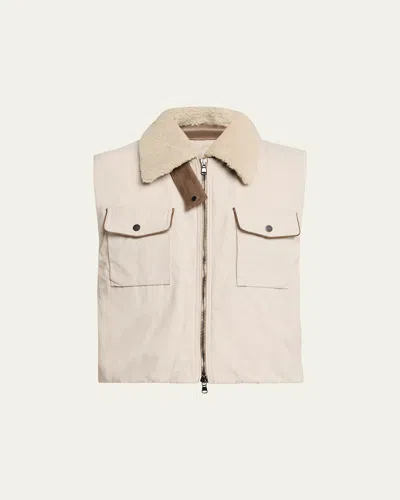Brunello Cucinelli Lamb Shearling Collar Techno Satin Padded Vest In Neutral