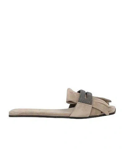Brunello Cucinelli Lambskin Fringe Beaded Slide Sandals In Animal Print