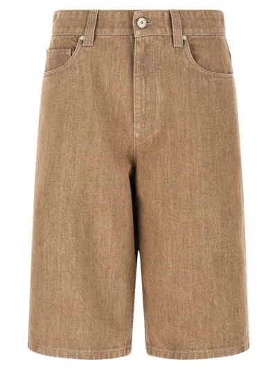 Brunello Cucinelli Lamé Denim Bermuda Shorts In Nude