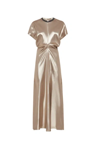 Brunello Cucinelli Monili-neck Metallic Fluid Silk Ankle Dress In Gold