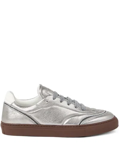 Brunello Cucinelli Lamé-effect Leather Sneakers In Silver