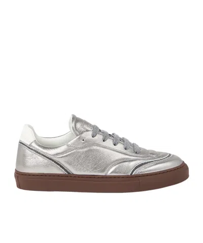 Brunello Cucinelli Lamé-effect Leather Sneakers In Silver