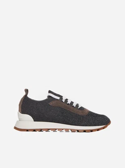 BRUNELLO CUCINELLI LAME' KNIT AND SUEDE SNEAKERS