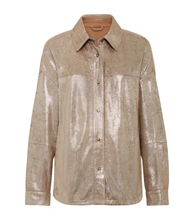 Brunello Cucinelli Lamé Nappa Leather Monili-trim Shirt In Gray
