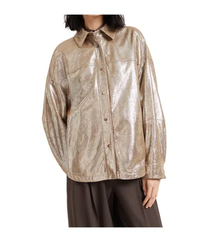 Brunello Cucinelli Lamé Nappa Leather Shirt With Monili In Brown