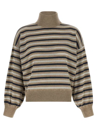 Brunello Cucinelli Lamé Stripe Sweater In Beige
