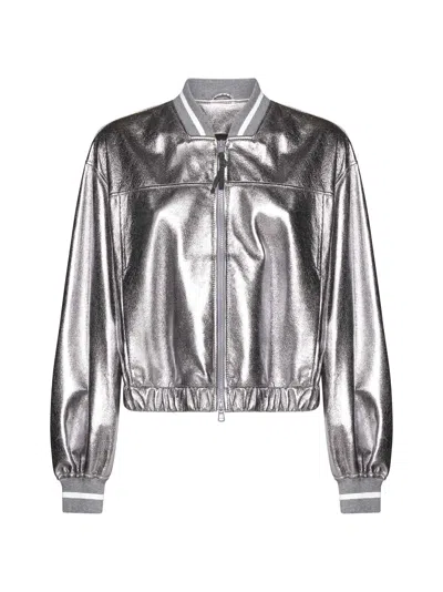BRUNELLO CUCINELLI LAMINATED LEATHER BOMBER JACKET