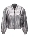 Brunello Cucinelli Laminated Leather Bomber Jacket Puffer Jackets Silver In Metallic