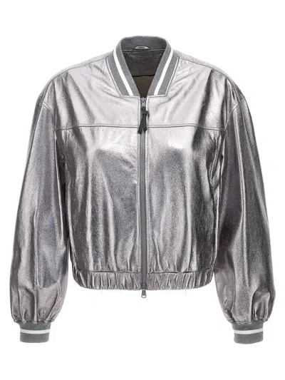 BRUNELLO CUCINELLI BRUNELLO CUCINELLI LAMINATED LEATHER BOMBER JACKET
