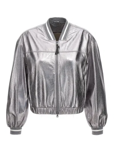 BRUNELLO CUCINELLI LAMINATED LEATHER BOMBER JACKET