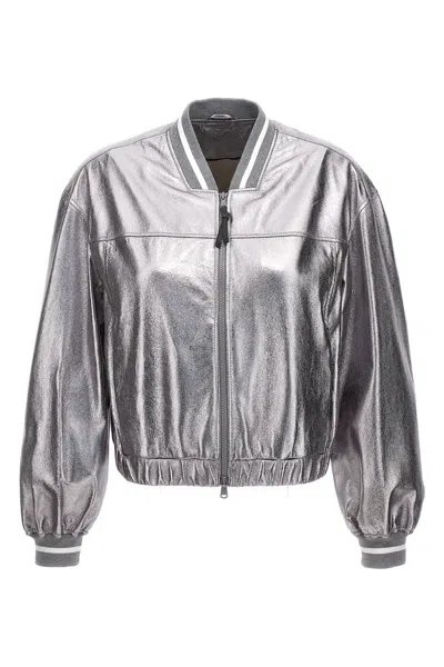 BRUNELLO CUCINELLI LAMINATED LEATHER BOMBER JACKET
