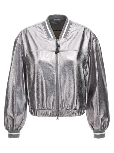 Brunello Cucinelli Laminated Leather Bomber Jacket In Silver