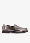 Brunello Cucinelli Laminated Leather Penny Loafers In Silver