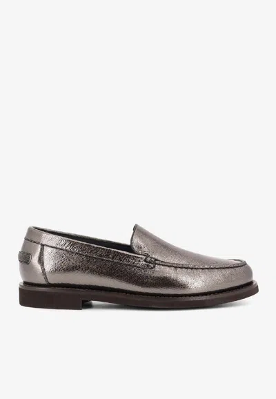 Brunello Cucinelli Laminated Leather Penny Loafers In Silver