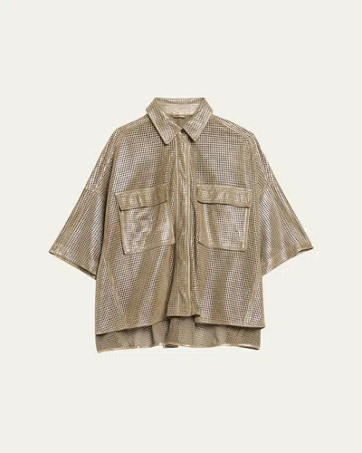 Brunello Cucinelli Laminated Perforated Leather Utility Shirt In Brown