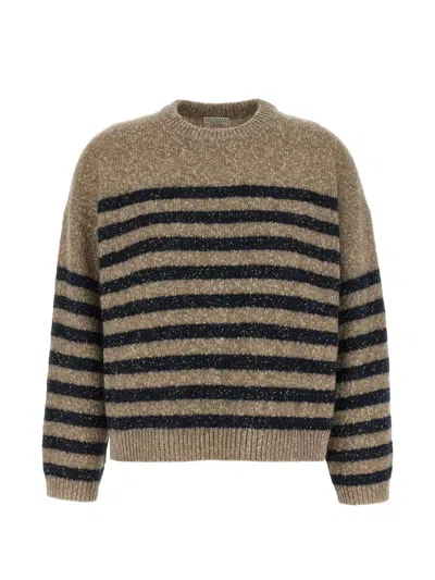 Brunello Cucinelli Striped Sequin Knit Crew Neck Sweater In Brown