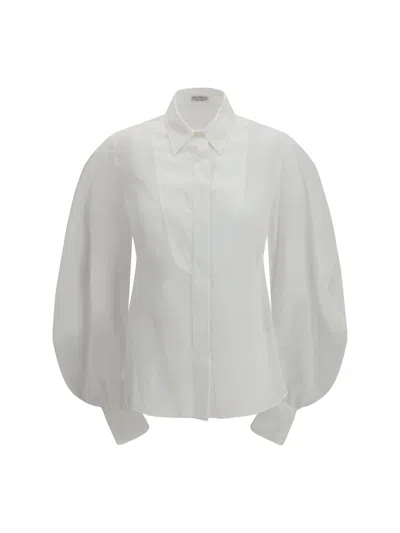 Brunello Cucinelli Lantern Sleeve Cotton Blouse In White