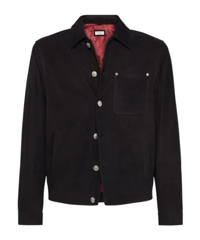 Brunello Cucinelli Lapel Long-sleeved Leather Jacket In Black