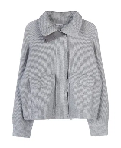 Brunello Cucinelli Lapel Long-sleeved Cardigan In Gray