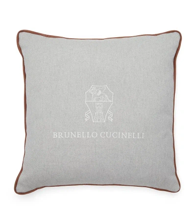 BRUNELLO CUCINELLI LARGE CANVAS LEATHER-PIPED EMBROIDERED CUSHION (50CM X 50CM)