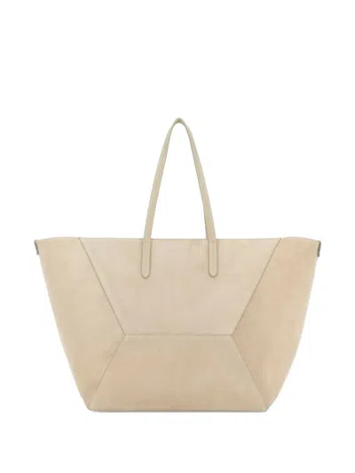 Brunello Cucinelli Duo Hammered Leather Tote Bag Medium In Neutral