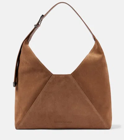 Brunello Cucinelli Large Paneled Suede Shoulder Bag In Brown