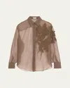 Brunello Cucinelli Laser Cut Crispy Silk Chiffon Blouse In Cocoa