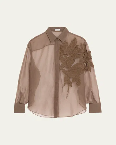 Brunello Cucinelli Laser Cut Crispy Silk Chiffon Blouse In Cocoa