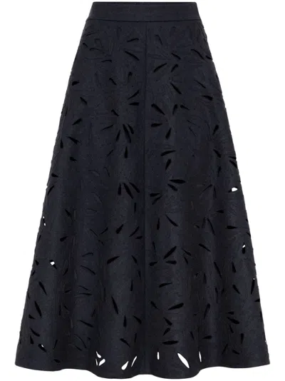 Brunello Cucinelli Flannel Wool A-line Midi Skirt With Laser-cut Floral Embroidery In Grey