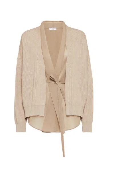 Brunello Cucinelli Cotton Cardigan With Tie Waist And Wrap Design In Brown