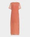 Brunello Cucinelli Layered Crispy Silk Chiffon Maxi T-shirt Dress In Orange