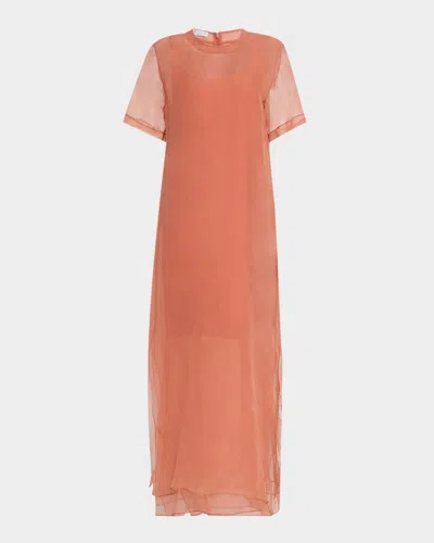 Brunello Cucinelli Layered Crispy Silk Chiffon Maxi T-shirt Dress In Orange