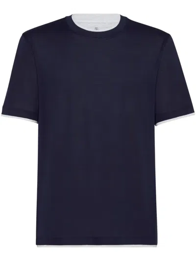Brunello Cucinelli Faux Layering Silk And Cotton T-shirt In Blue
