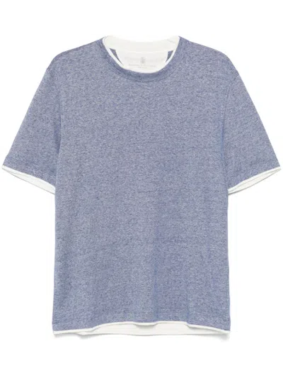 Brunello Cucinelli Crew-neck T-shirt In Linen And Cotton Jersey With Faux Layering In Gray