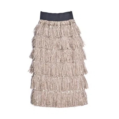 Brunello Cucinelli Layered Fringe With Sequin Accents Skirt In Neutral