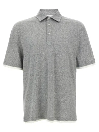 Brunello Cucinelli Layered Grey Polo Shirt With Contrasting Edges In Gray