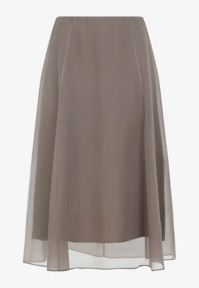 Brunello Cucinelli Layered Silk Midi Skirt In Brown