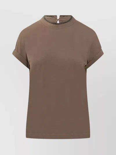 Brunello Cucinelli Stretch Cotton Jersey T-shirt With Precious Faux Layering Clothing In Brown
