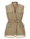 Brunello Cucinelli Belted Bead-embellished Organza-trimmed Cotton And Linen-blend Twill Vest
