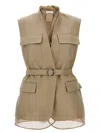 Brunello Cucinelli Belted Bead-embellished Organza-trimmed Cotton And Linen-blend Twill Vest