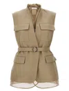 Brunello Cucinelli Belted Bead-embellished Organza-trimmed Cotton And Linen-blend Twill Vest