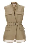 Brunello Cucinelli Belted Bead-embellished Organza-trimmed Cotton And Linen-blend Twill Vest
