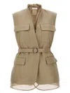 Brunello Cucinelli Belted Bead-embellished Organza-trimmed Cotton And Linen-blend Twill Vest In Beige