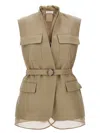 Brunello Cucinelli Belted Bead-embellished Organza-trimmed Cotton And Linen-blend Twill Vest In Beige