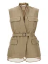 Brunello Cucinelli Belted Bead-embellished Organza-trimmed Cotton And Linen-blend Twill Vest In Beige