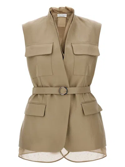 Brunello Cucinelli Belted Bead-embellished Organza-trimmed Cotton And Linen-blend Twill Vest In Neutrals