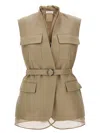 Brunello Cucinelli Belted Bead-embellished Organza-trimmed Cotton And Linen-blend Twill Vest In Coloniale