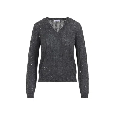 BRUNELLO CUCINELLI BRUNELLO CUCINELLI LEAD GREY MOHAIR V-NECK CABLE PULLOVER
