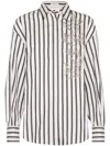 Brunello Cucinelli White Shirt With Floral Embroidery On The Front And All-over Striped Motif In White